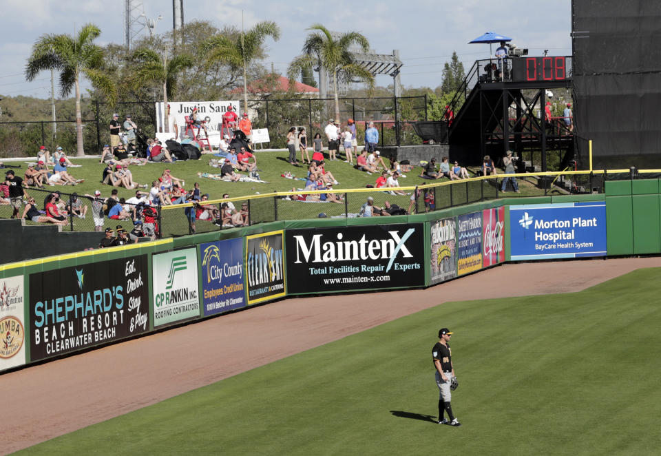 The pitch clock runs during a spring training baseball game between the Philadelphia Phillies and Pittsburgh Pirates, Saturday, Feb. 23, 2019, in Clearwater, Fla. (AP Photo/Lynne Sladky)