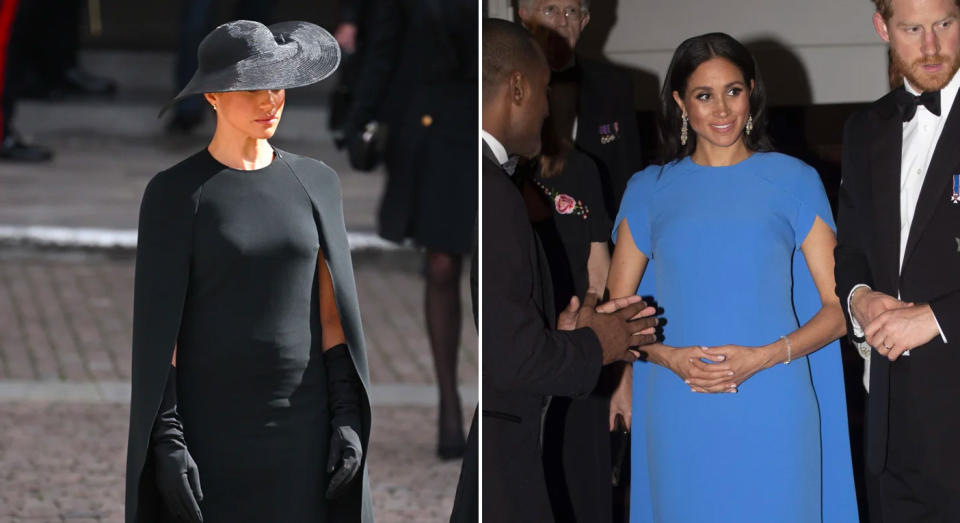 The Duchess of Sussex in a striking caped look at the Queen's funeral on Monday, and in Fiji in 2018. (Getty Images)