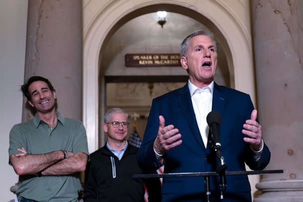 PHOTO: Speaker of the House Kevin McCarthy is joined by his top negotiators on the debt limit, Rep. Garret Graves, left, and Rep. Patrick McHenry, as he talks to reporters at the Capitol in Washington, D.C., on May 28, 2023. (J. Scott Applewhite/AP)