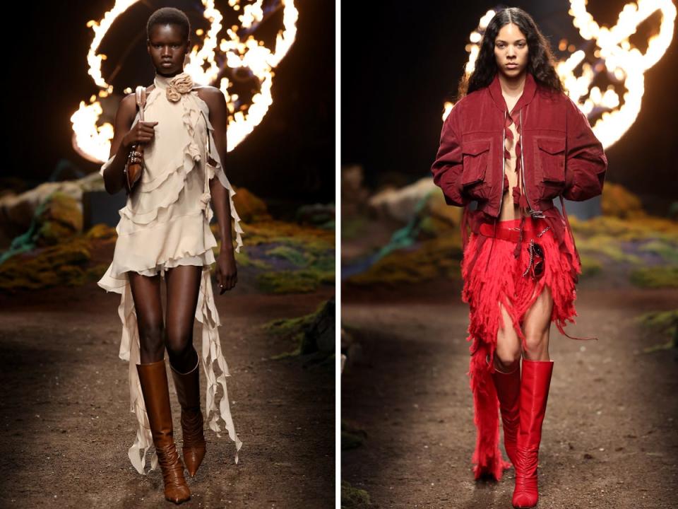 Models walk the Blumarine runway during Milan Fashion Week.