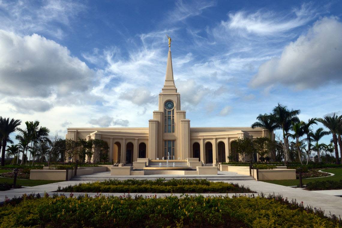 The Fort Lauderdale Temple, owned and operated by The Church of Jesus Christ of Latter-day Saints, is a 28,000-square-foot building described in application materials as “an interpretation of Neoclassicism with arches, columns and a steeple.” The temple features a sun and palm tree motif with beautiful murals in the first-stage endowment room, inspired by local landscapes. Taimy Alvarez/Sun Sentinel