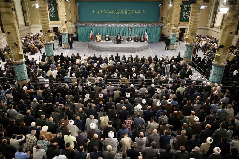 Iran's Supreme Leader Ayatollah Ali Khamenei speaks during a meeting with the guests of the Islamic Unity Conference in Tehran