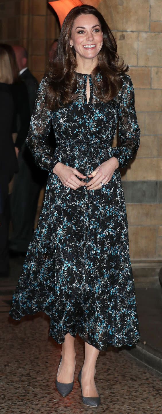 <p>Middleton wore a printed teal and black L.K. Bennett dress and grey leather pointed-toe pumps at the Natural History Museum in London.</p>