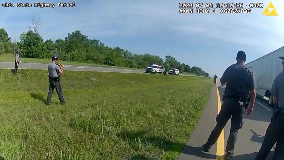 PHOTO: Video showing a police dog attacking and biting a suspect who had his hands up and was on his knees during a July 4, 2023, incident was released on July 21, 2023, by the Ohio State Highway Police. (Ohio State Highway Police)