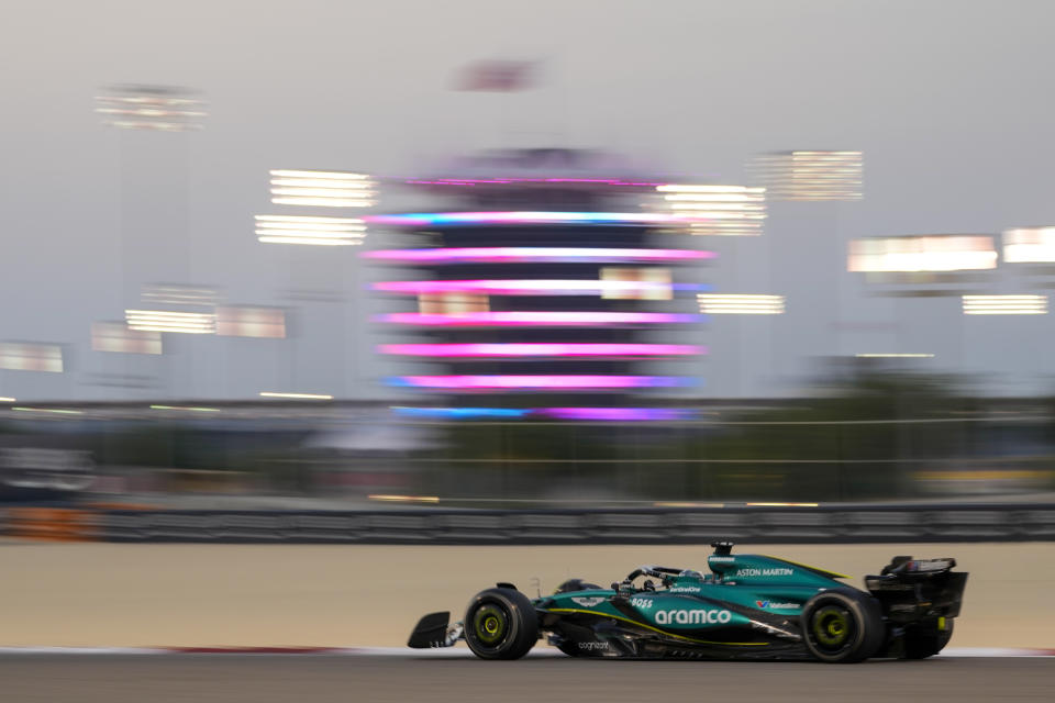 Aston Martin driver Lance Stroll of Canada steers his car for a Formula One pre season test at the Bahrain International Circuit in Sakhir, Bahrain, Thursday, Feb. 22, 2024. (AP Photo/Darko Bandic)