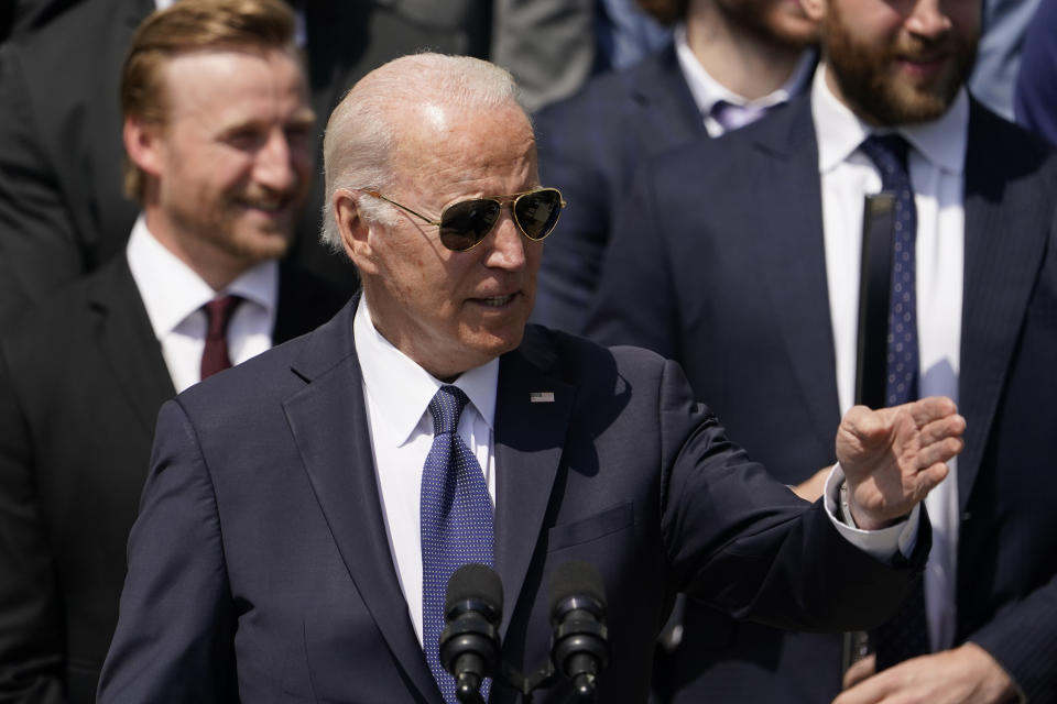 President Joe Biden speaks during an event to celebrate the Tampa Bay Lightning's 2020 and 2021 Stanley Cup championships at the White House, Monday, April 25, 2022, in Washington. (AP Photo/Andrew Harnik)