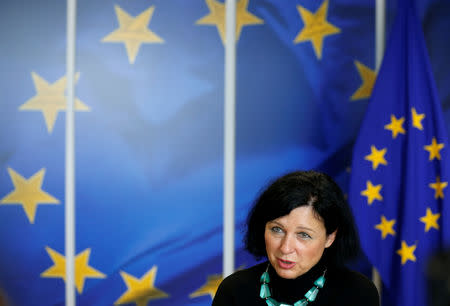 FILE PHOTO: European Justice, Consumers and Gender Equality Commissioner Vera Jourova speaks during an interview with Reuters at the EU Commission headquarters in Brussels, Belgium, September 11, 2017. REUTERS/Francois Lenoir/File Photo