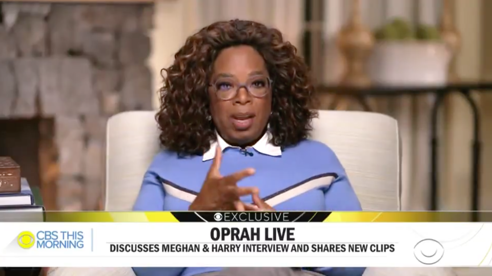 Oprah has clarified Harry and Meghan's claims that a royal family member expressed 'concerns' over their son Archie's skin tone. Photo: CBS This Morning.