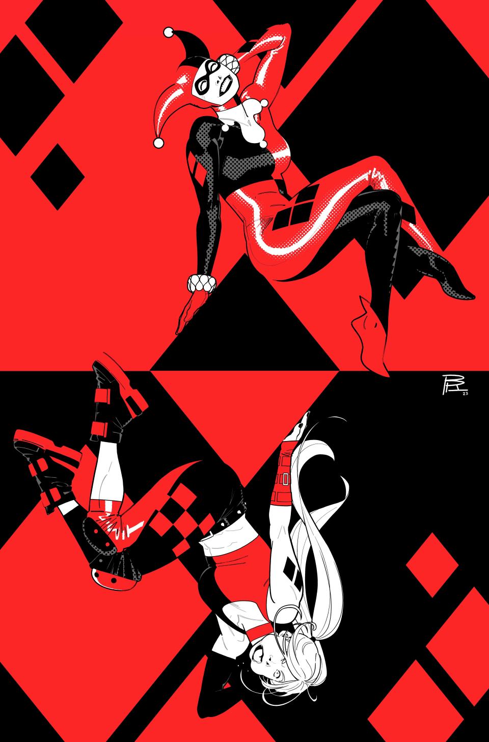 Two views of Harley Quinn, one in costume, one in casual clothes.