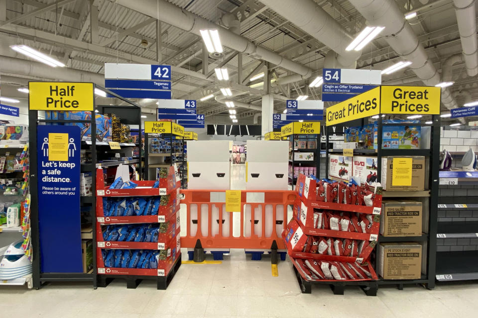 CARDIFF, WALES - OCTOBER 23: Non-essential items are blocked off in a Tesco supermarket on Western Avenue on October 23, 2020 in Cardiff, Wales. Wales will go into a national lockdown from Friday until November 9. People will be told to stay at home and pubs, restaurants, hotels and non-essential shops must shut. Primary schools will reopen after the half-term break, but only Years 7 and 8 in secondary schools can return at that time under new "firebreak" rules. Gatherings indoors and outdoors with people not in your household will also be banned. (Photo by Matthew Horwood/Getty Images)