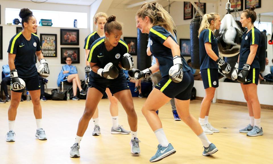 Manchester City’s players undergo boxing training in the gym as part of their preparations for the new Women’s Super League season.