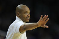 Wichita State head coach Isaac Brown motions to his players during the first half of an NCAA college basketball game against Kansas State Saturday, Dec. 3, 2022, in Manhattan, Kan. (AP Photo/Charlie Riedel)