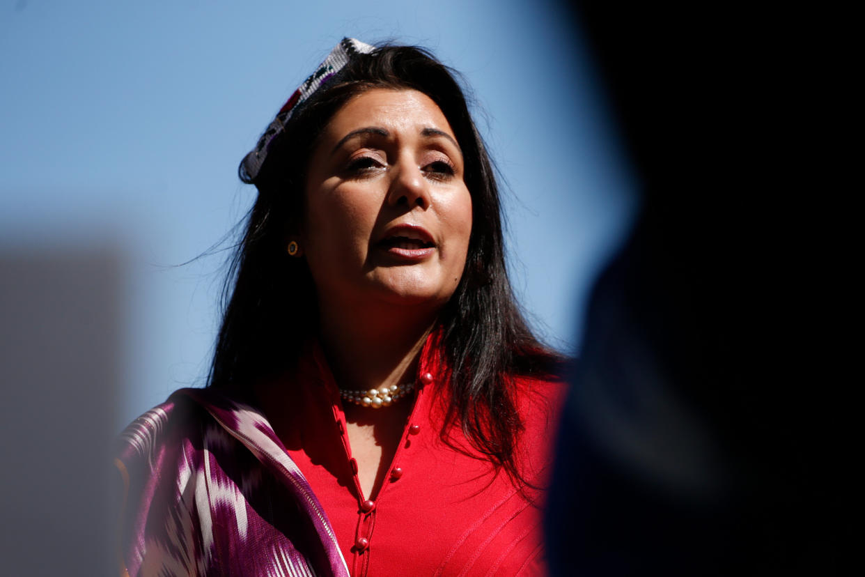 LONDON, UNITED KINGDOM - APRIL 22: Conservative Party MP Nusrat Ghani addresses members of the Uighur community and human rights activists demonstrating outside the Houses of Parliament in London, United Kingdom on April 22, 2021. Members of Parliament today debate and are expected to vote on a motion calling on the House of Commons to declare that Uighur Muslims and other ethnic and religious minorities in China's Xinjiang province are suffering crimes against humanity and genocide. (Photo by David Cliff/Anadolu Agency via Getty Images)