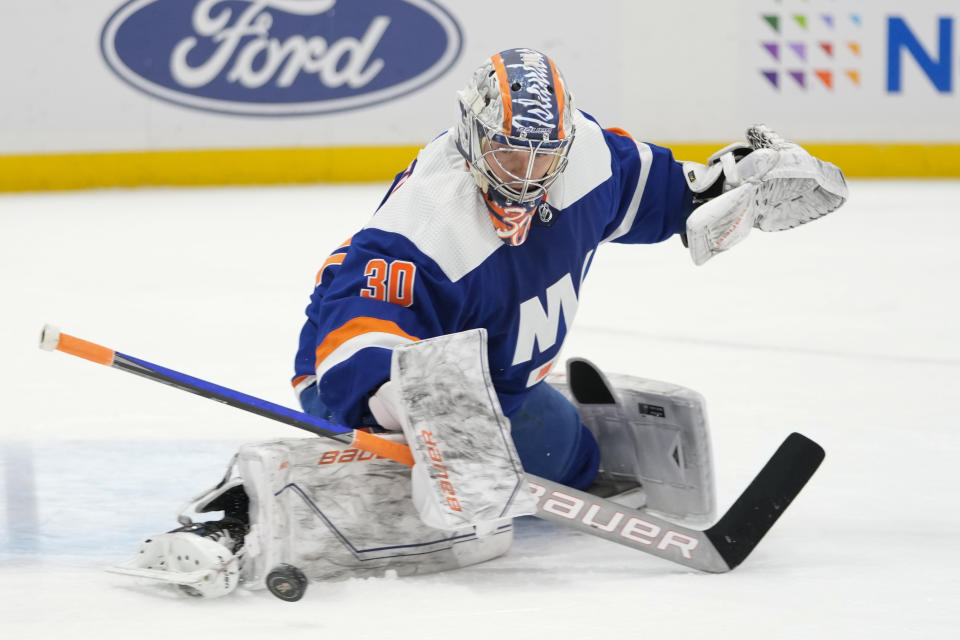 New York Islanders goaltender Ilya Sorokin makes a save against the Los Angeles Kings during the first period of an NHL hockey game Friday, Feb. 24, 2023, in Elmont, N.Y. (AP Photo/Mary Altaffer)