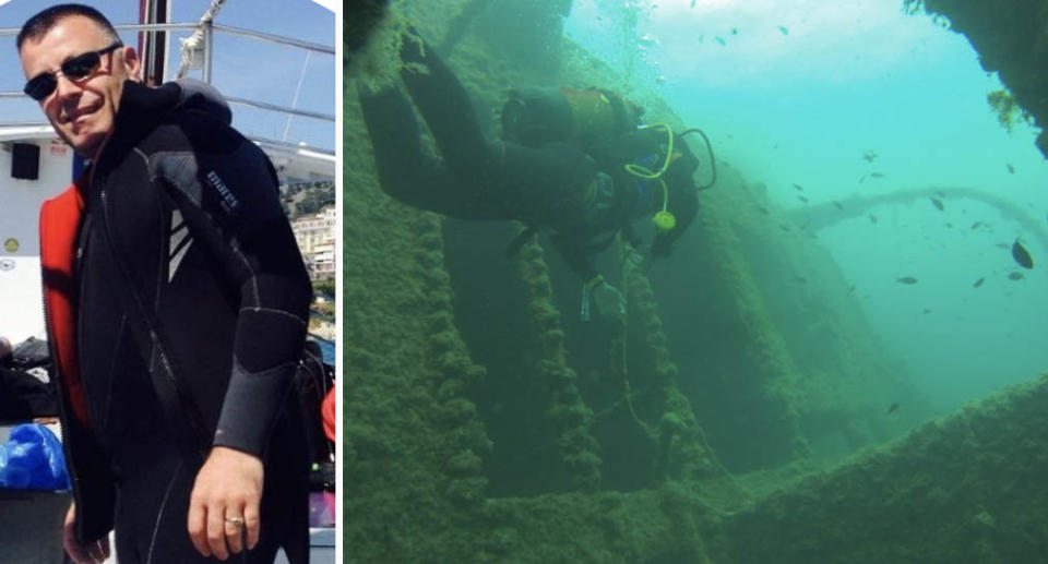 Saimir Kushova. (left) and a diver in the water of the wreck in Saranda 