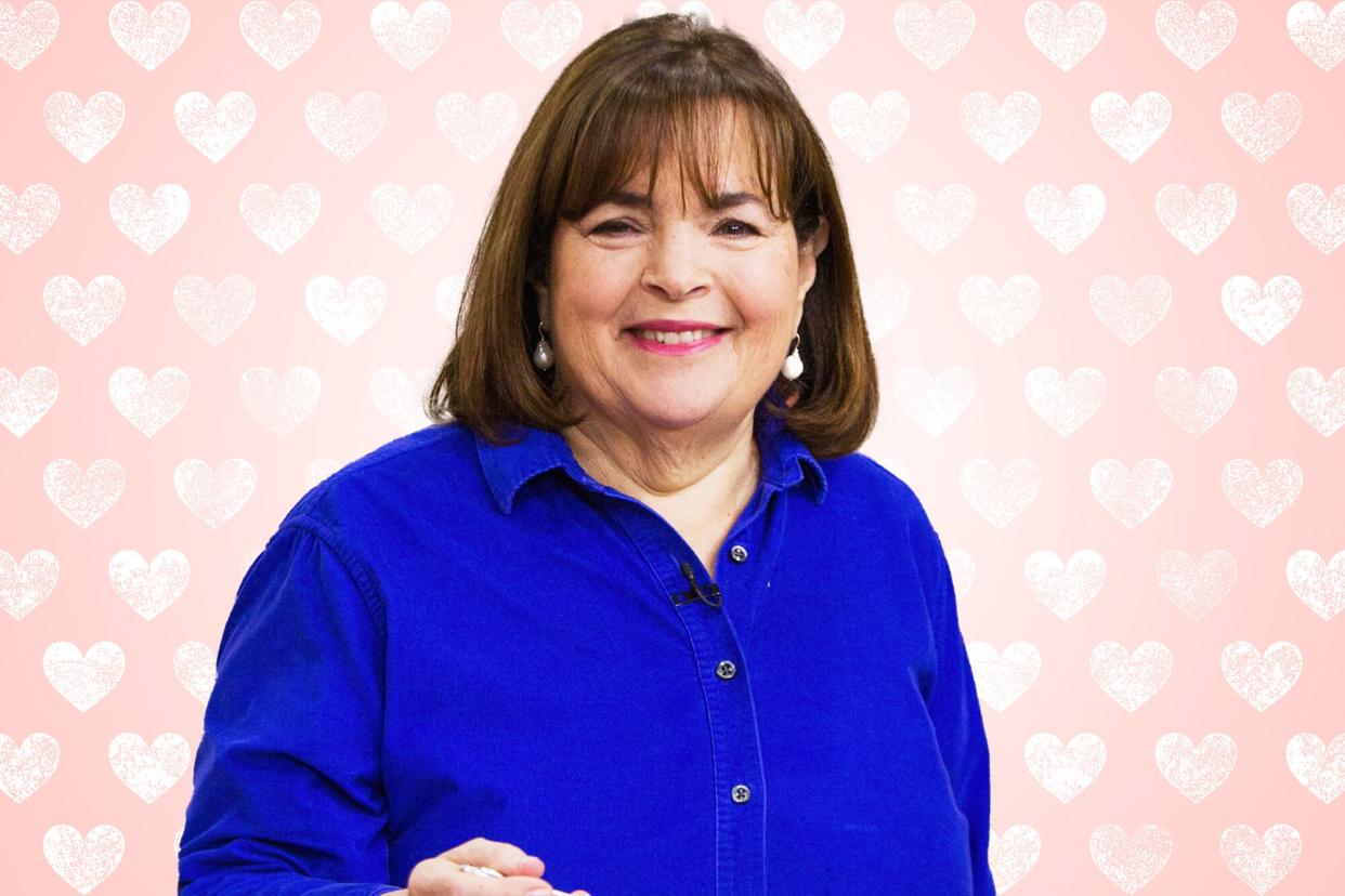 Ina Garten on a designed background