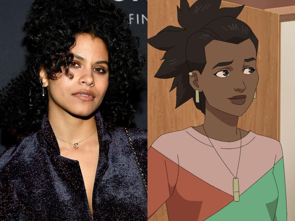 Zazie Beetz, left, in February 2024. Amber Bennett, right, on season two of the animated series "Invincible."