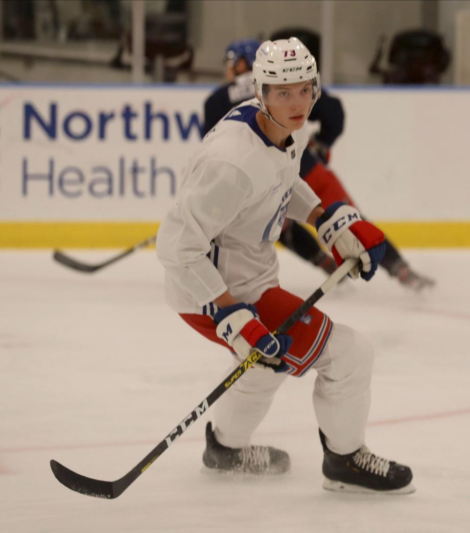 Matt Rempe takes part in the New York Rangers Development Camp at the team's practice facility in Tarrytown Sept. 12, 2021.