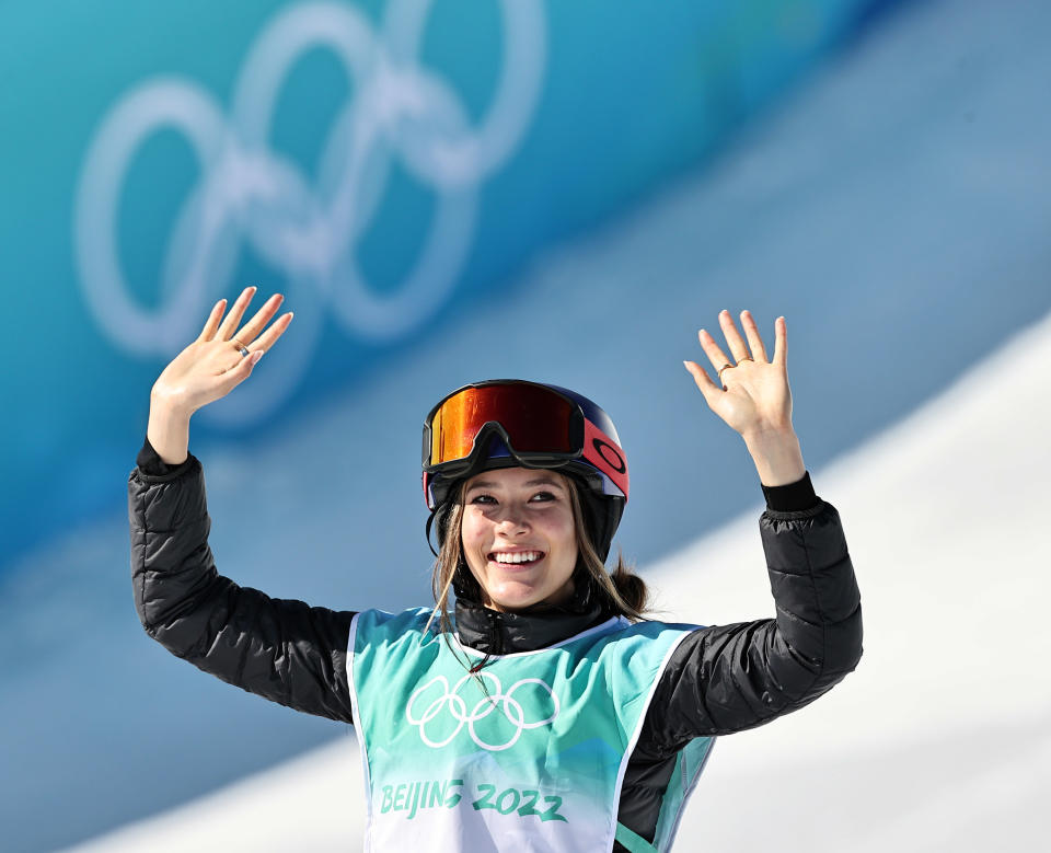 China's Eileen Gu celebrates after winning gold in the women's freeski big air event at the 2022 Winter Olympic Games at Big Air Shougang on February 8, 2022 in Beijing, China. (Wang Xianmin/CHINASPORTS/VCG via Getty Images)
