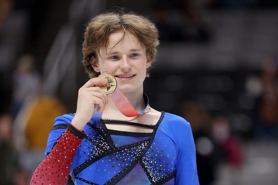 SAN JOSE, CALIFORNIA – JANUARY 29: Ilia Malinin poses with his medal after winning the Championship Men’s on day four of the 2023 TOYOTA U.S. Figure Skating Championships at SAP Center on January 29, 2023 in San Jose, California. (Photo by Ezra Shaw/Getty Images)