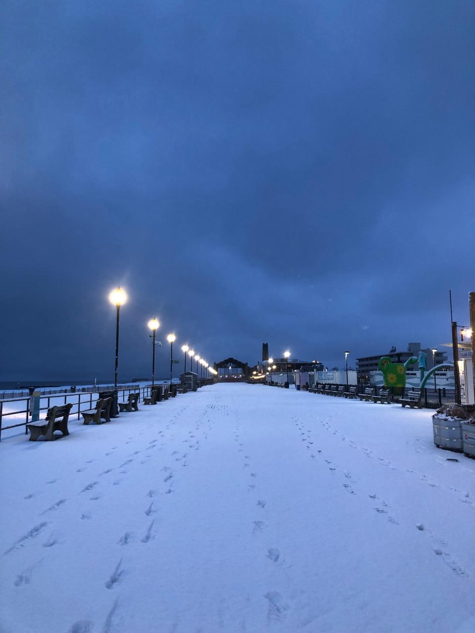 6:45 a.m. Snow covers the boardwalk in Asbury Park