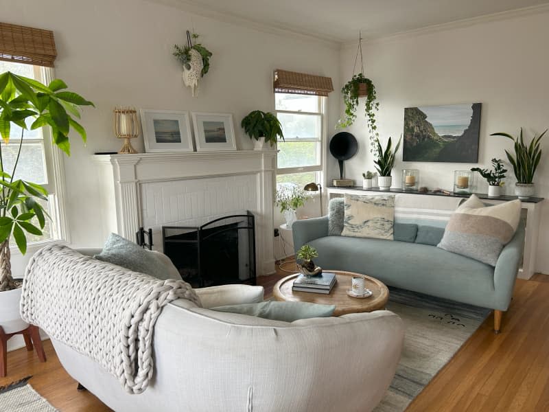 Coastal-inspired living room with blue sofa