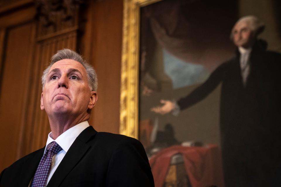 House Speaker Kevin McCarthy (R-CA) speaks during a bill signing at the U.S. Capitol on Thursday. The resolution passed by the House and Senate aims to block a Biden administration rule encouraging retirement managers to consider environmental, social and corporate governance (ESG) factors when making investment decisions.
