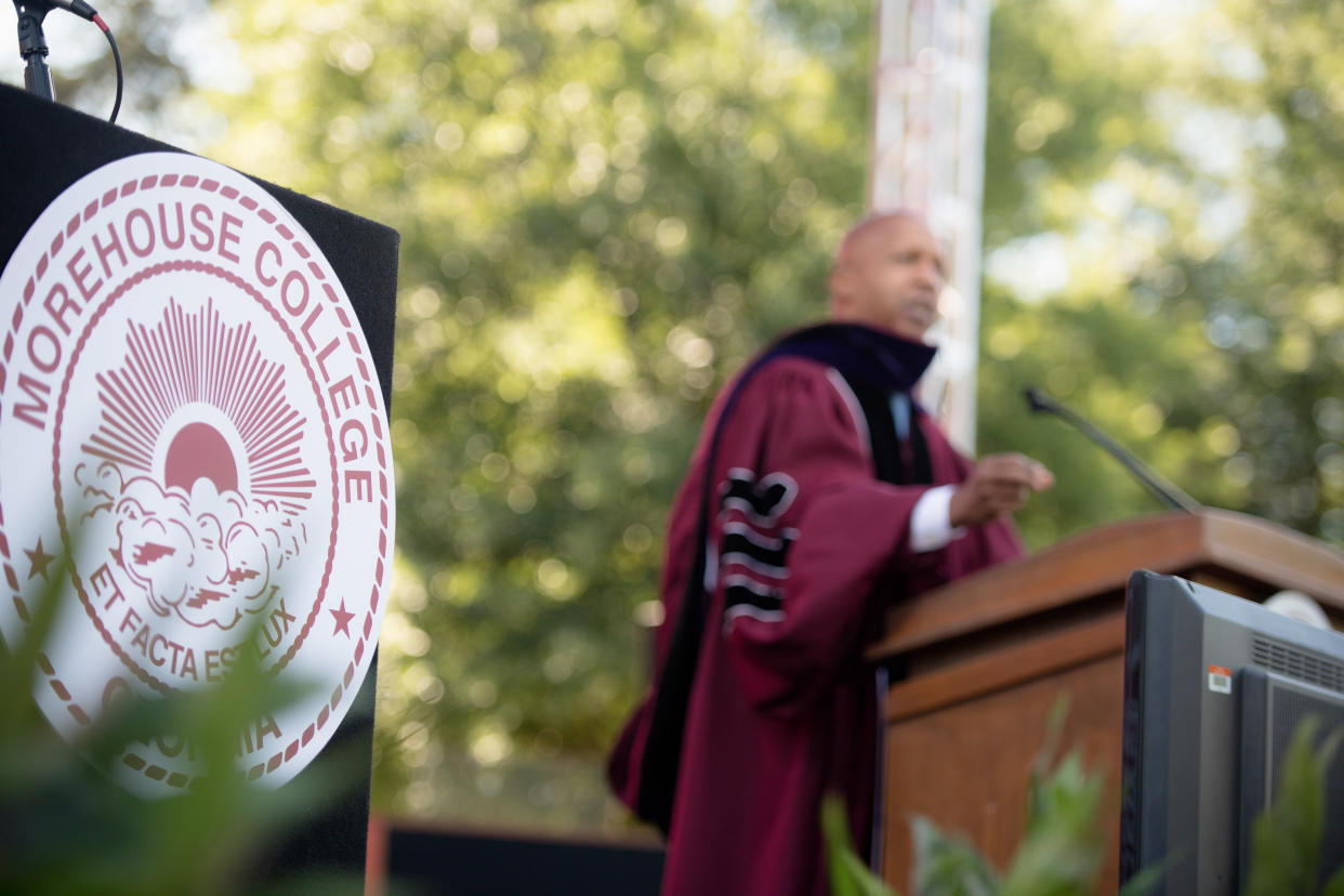 ATLANTA, GEORGIA - MAY 16: Executive director of the Equal Justice Initiative Bryan Stevenson speaks on stage during the 137th Commencement at Morehouse College on May 16, 2021 in Atlanta, Georgia. (Photo by Marcus Ingram/Getty Images)