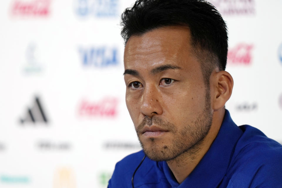 Japan's Maya Yoshida attends the Japan official press conference on the eve of the group E of World Cup soccer match between Japan and Germany, in Doha, Qatar, Tuesday, Nov. 22, 2022. (AP Photo/Eugene Hoshiko)