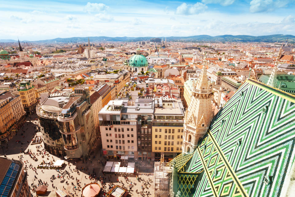 View from St. Stephen's Cathedral over Stephansplatz square in Vienna, the capital city of Austria. Vienna received a score of 97.4 on the livability scale, just slightly Melbourne's.