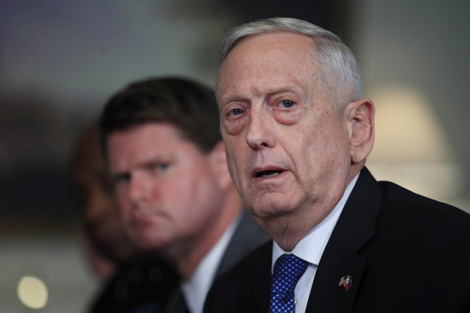 FILE - In this Sept. 18, 2018, file photo, Defense Secretary Jim Mattis responds to a reporter's question during a meeting with and Philippine Secretary of National Defense Delfin Lorenzana at the Pentagon. Outgoing Defense Secretary Jim Mattis is quoting President Abraham Lincoln in a farewell message to defense employees, urging them to stay focused on their mission. (AP Photo/Manuel Balce Ceneta, File)