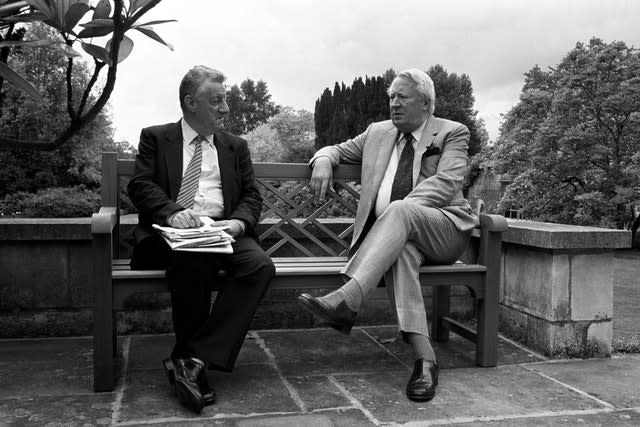 Former Conservative Prime Minister Edward Heath relaxes at his home near Salisbury Cathedral with Press Association political correspondent Chris Moncrieff