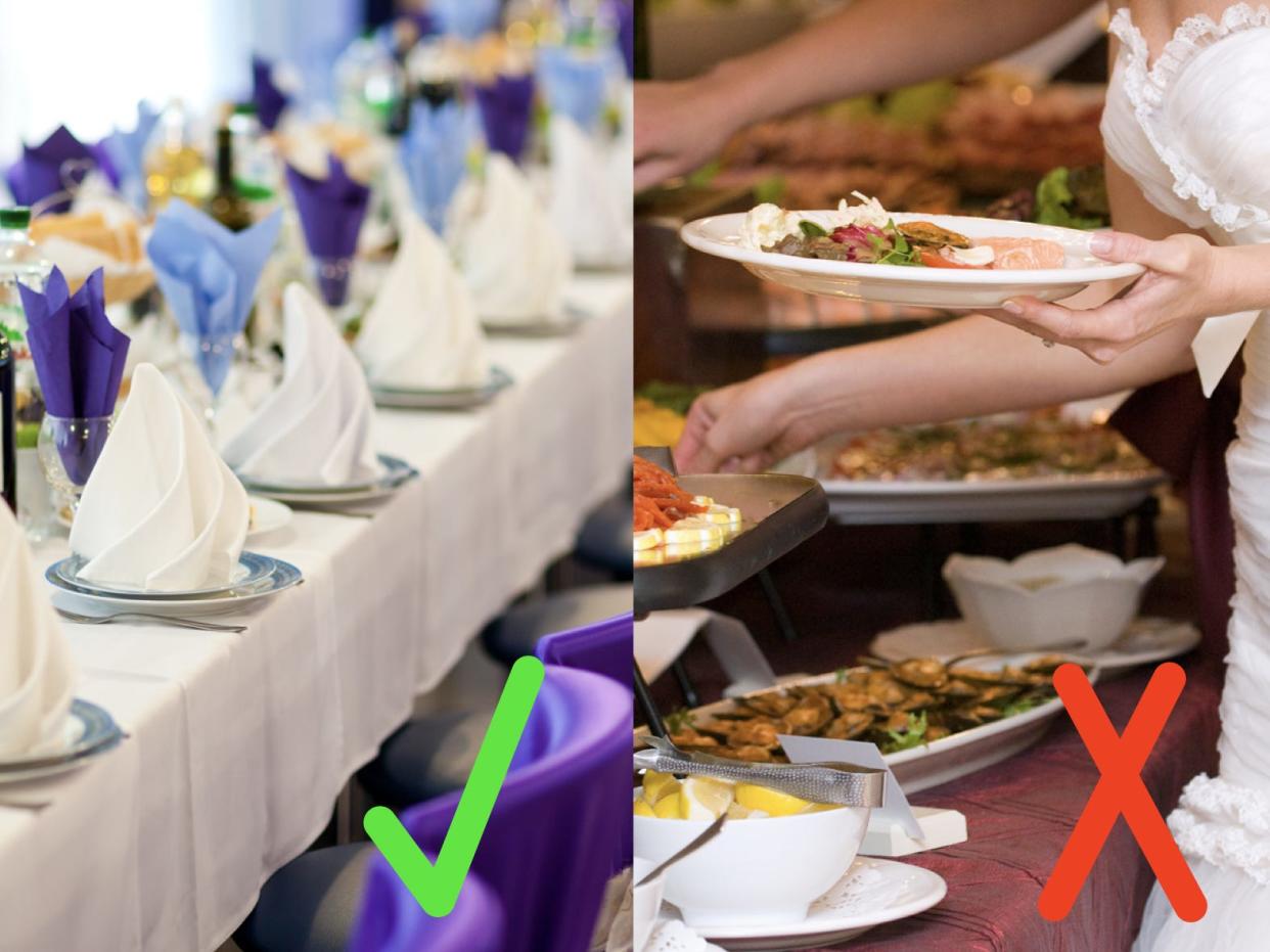 White table setting with purple and blue napkins and chairs with green checkmark in lower right hand corner; A bride at a buffet table filling up her plate with a red X in lower right hand corner