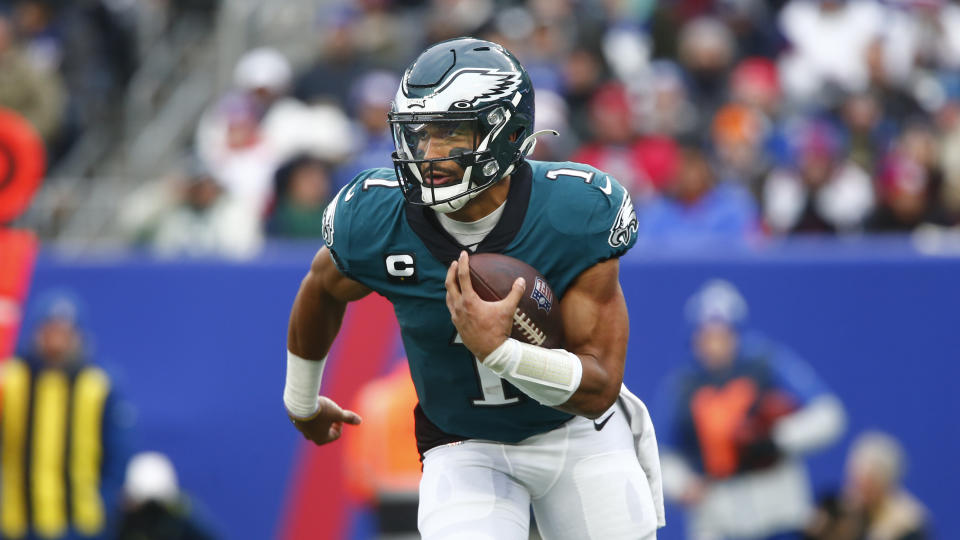 Philadelphia Eagles quarterback Jalen Hurts during the second half of an NFL football game against the New York Giants, Sunday, Nov. 28, 2021, in East Rutherford, N.J. (AP Photo/John Munson)