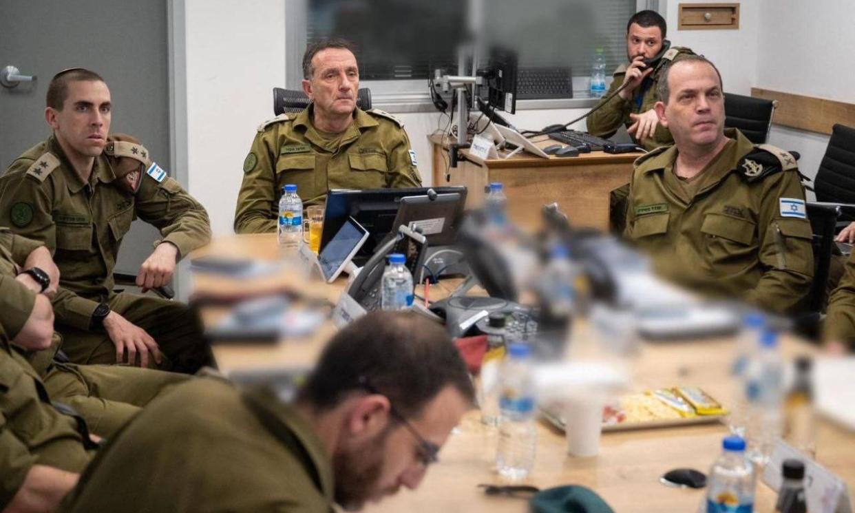 <span>Israel's military chief Herzi Halevi (centre) and colleagues at the headquarters of the IDF in Tel Aviv on Sunday.</span><span>Photograph: Xinhua/Rex</span>