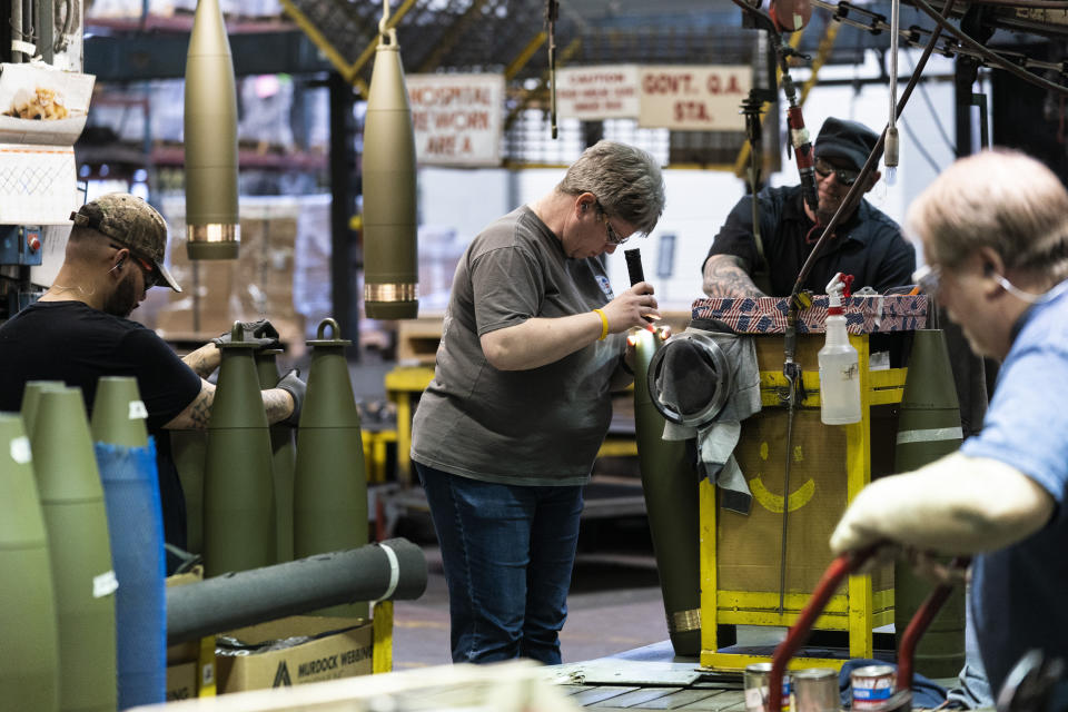 Steel workers manufacture 155 mm M795 artillery projectiles at the Scranton Army Ammunition Plant in Scranton, Pa., Thursday, April 13, 2023. One of the most important munitions of the Ukraine war comes from a historic factory in this city built by coal barons, where tons of steel rods are brought in by train to be forged into the artillery shells Kyiv can’t get enough of — and that the U.S. can’t produce fast enough. (AP Photo/Matt Rourke)