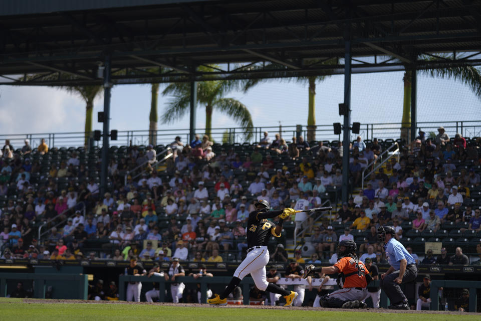 Pittsburgh Pirates' Miguel Andujar bats in the second inning during a spring training baseball game against the Baltimore Orioles, Tuesday, Feb. 28, 2023, in Bradenton, Fla. (AP Photo/Brynn Anderson)