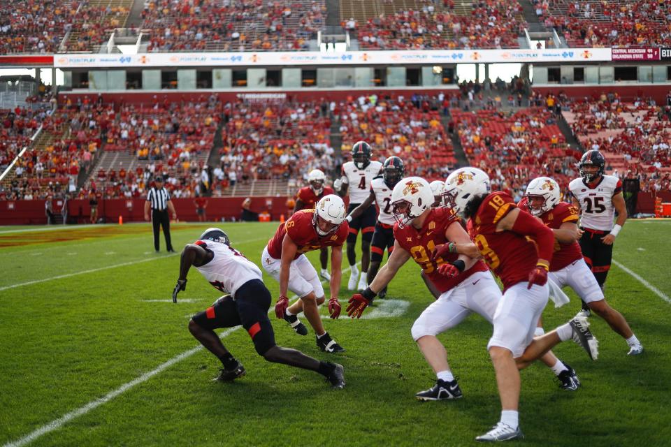 SEMO receiver Dylan McDonald (14) tries to avoid several Iowa State defensive players on Saturday.