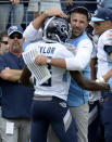 Tennessee Titans head coach Mike Vrabel celebrates with wide receiver Taywan Taylor (13) after Taylor scored a touchdown against the Houston Texans in the first half of an NFL football game Sunday, Sept. 16, 2018, in Nashville, Tenn. (AP Photo/Mark Zaleski)