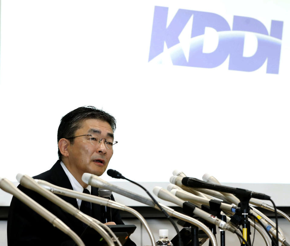 KDDI Corp. President Makoto Takahashi speaks during a press conference in Tokyo Sunday, July 3, 2022. Many users of Japan’s No. 2 mobile carrier KDDI Corp. were still having trouble making calls Monday after a massive outage throughout the weekend that affected nearly 40 million people, disrupting deliveries, weather reports and other services across the country. (Kyodo News via AP)