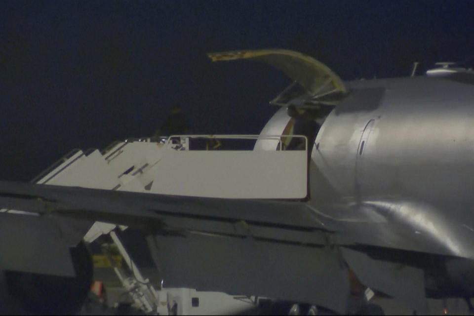 This image made from video provided by KSAT purports to show Pvt. Travis King coming out of an airplane in San Antonio, Texas, early Thursday, Sept. 28, 2023. The American soldier who sprinted into North Korea across the heavily fortified border between the Koreas two months ago arrived back in the U.S. early Thursday, video appeared to show. (KSAT via AP)