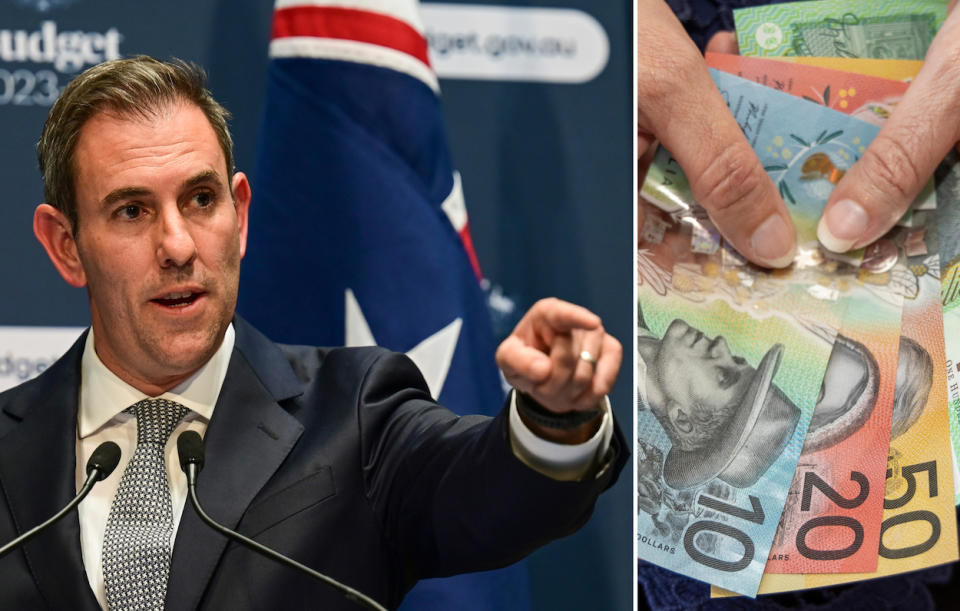 Budget 2023: Compilation image of Treasurer Jim Chalmers and hands holding cash to represent small business tax write off