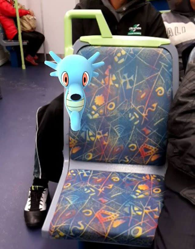 Pokemon are popping up everywhere including on the a Melbourne train. Picture: Facebook/Cathy Stow