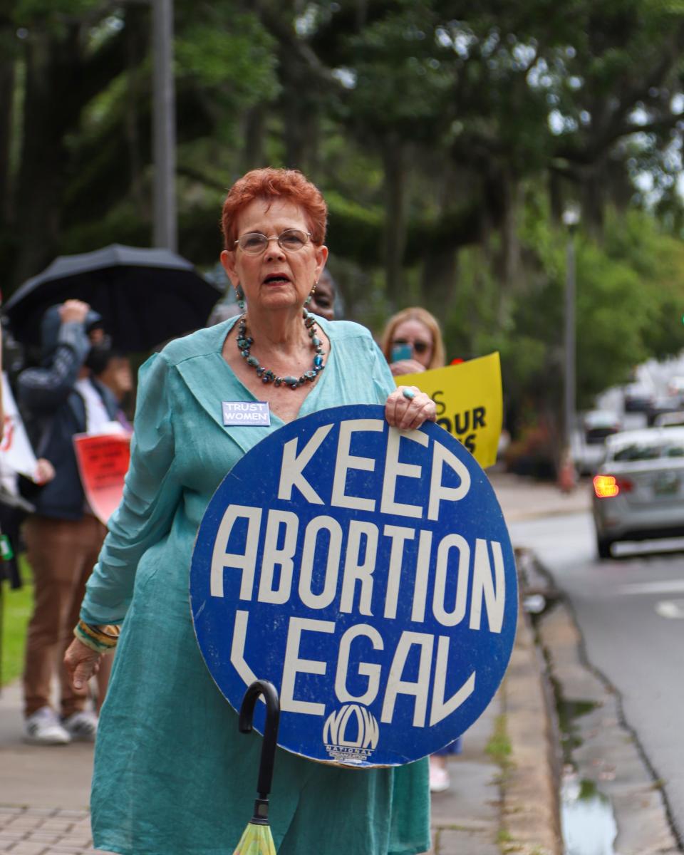 Abortion rights protesters gather around the stairs of the Florida Supreme Court to condemn a leaked ruling that suggests the U.S. Supreme Court may be poised to overturn the landmark Roe V. Wade decision. The protest drew multiple speakers ranging from Florida State students to local officials speaking to the crowd of about 300.