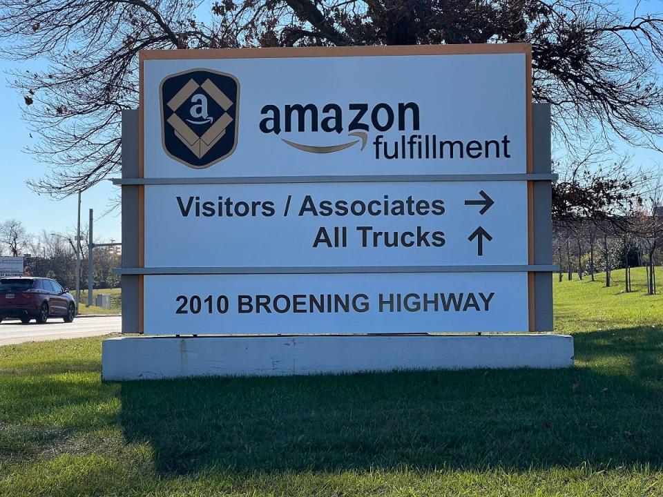 A sign at the entrance of the Amazon Robotics Fulfillment Center in East Baltimore on Dec. 9, 2022. Roughly 5,000 people are employed at the fulfillment center, accounting for roughly one sixth of the company's workforce in the state.