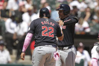 Cleveland Guardians' David Fry, right, celebrates with teammate Josh Naylor (22) after hitting a two-run home run during the fourth inning of a baseball game against the Chicago White Sox, Sunday, May 12, 2024, in Chicago. (AP Photo/Melissa Tamez)