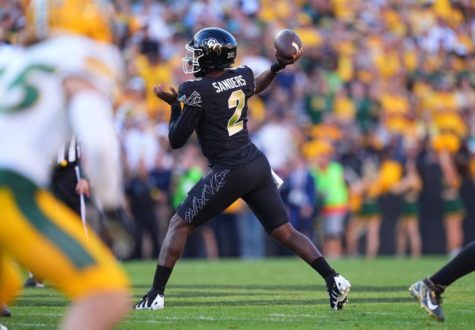 Aug 29, 2024; Boulder, Colorado, USA; Colorado Buffaloes quarterback Shedeur Sanders (2) prepares to pass the ball in the first quarter against the North Dakota State Bison at Folsom Field. Mandatory Credit: Ron Chenoy-USA TODAY Sports