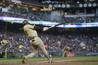 San Diego Padres' Juan Soto hits a home run during the fifth inning of a baseball game against the San Francisco Giants in San Francisco, Monday, June 19, 2023. (AP Photo/Jeff Chiu)