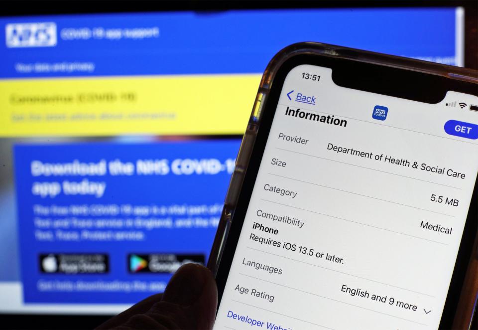 The new coronavirus contact tracing app on an iPhone, which was launched across England and Wales on Thursday morning. (PA)