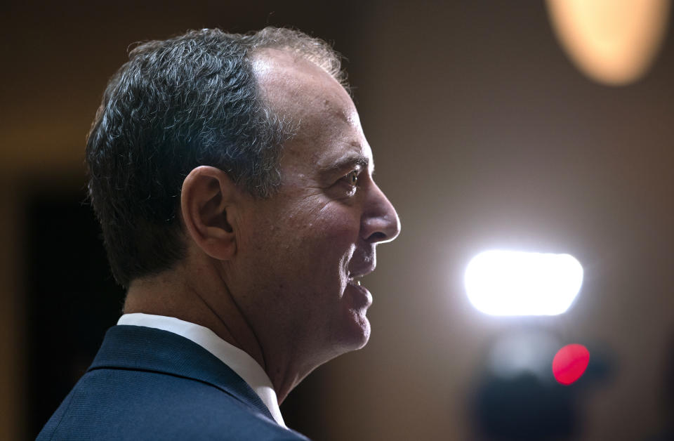 House Intelligence Committee Chairman Adam Schiff, D-Calif., speaks to reporters after the panel met behind closed doors with national intelligence inspector general Michael Atkinson about a whistleblower complaint, at the Capitol in Washington, Thursday, Sept. 19, 2019. (AP Photo/J. Scott Applewhite)